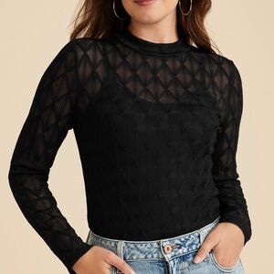 Maurices Argyle Sheer Mock Neck Top Solid Black Long Sleeve Medium Women’s